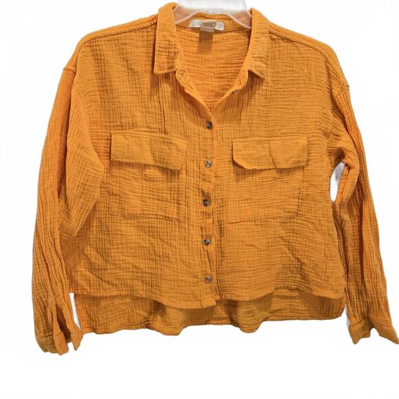 Women's Passport Orange Cropped Crinkle Gauze Button Up Long Sleeve Crop Shirt - Picture 5 of 8